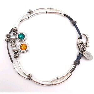 Lizzy James Silver Tone Leather Anklet Green Orange Crystal Heart Charm Jewelry